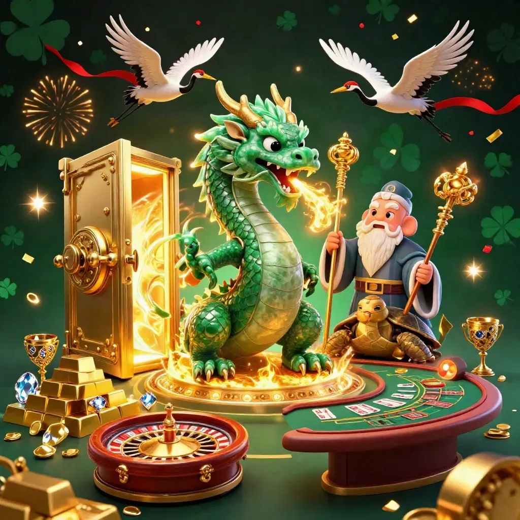 Dragon, turtle sage, and cranes in a glowing casino vault with gold and gems.