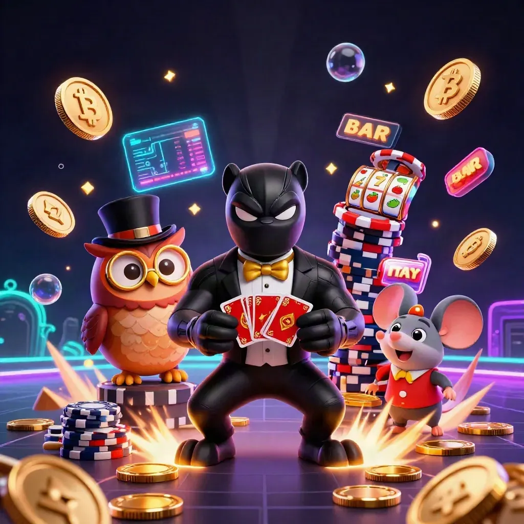 Panther, owl, and mouse amid gold coins, chips, slots, and neon casino effects.