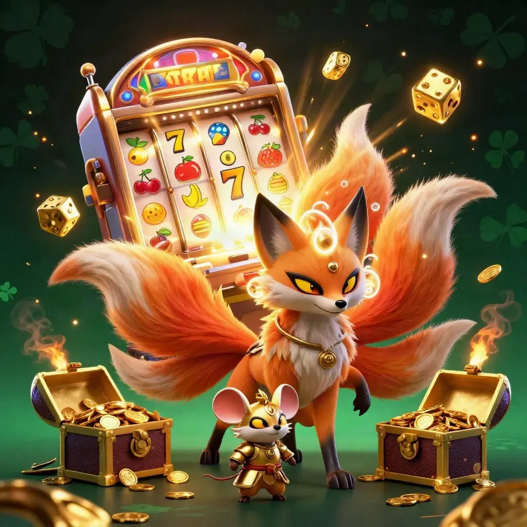 Neon fox spirit and mouse amid slot reels, dice, chest, and jackpot burst.