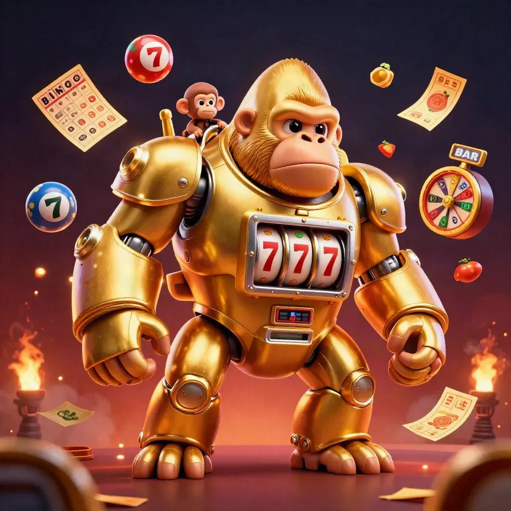 Golden gorilla slot mech with tiny monkey pilot amid reels, tickets, balls, and fiery casino glow.
