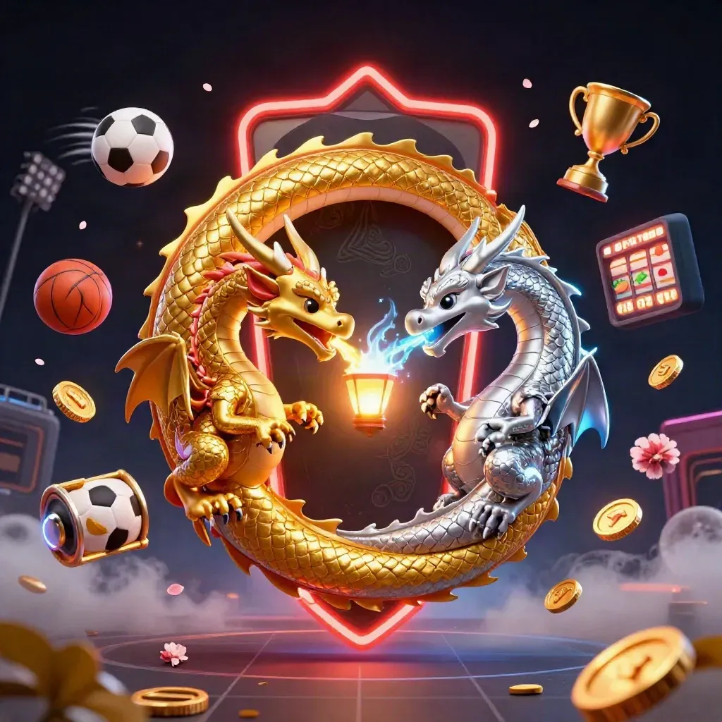 Twin gold and silver dragons spiral with fire and ice, surrounded by sports balls, coins, and slot icons.